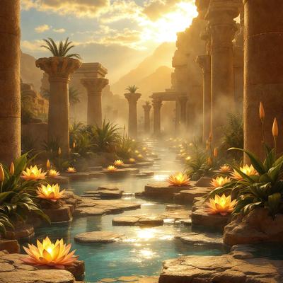 The primary subject of the image is a beautiful garden with a waterway surrounded by a variety of flowers and plants. The setting is a serene and picturesque environment, with a mountainous backdrop and a sunny atmosphere. The visual style of the image is a combination of photo and digital art, creating a vibrant and lush scene. The colors and mood of the image are predominantly warm and inviting, with the flowers and plants adding a touch of natural beauty to the overall composition.